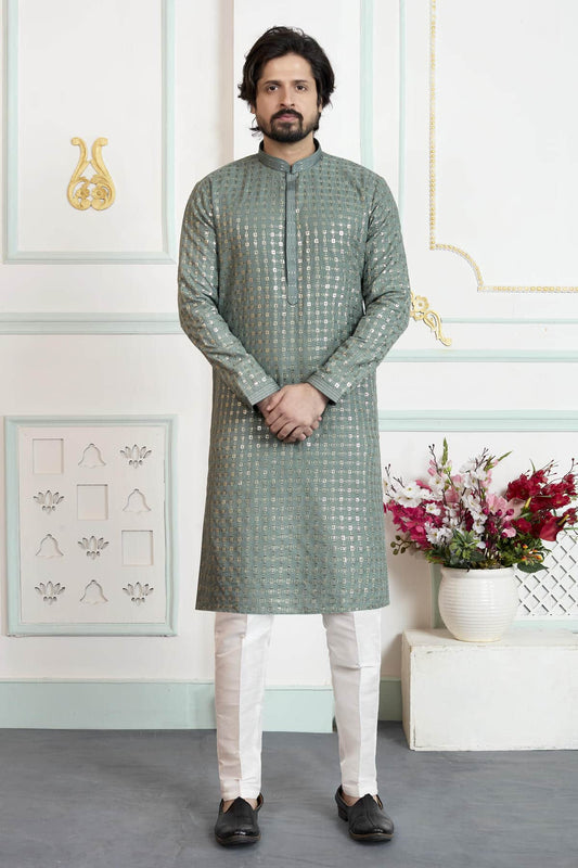 Green Colour Art Silk Pintux Work Kurta Pajama