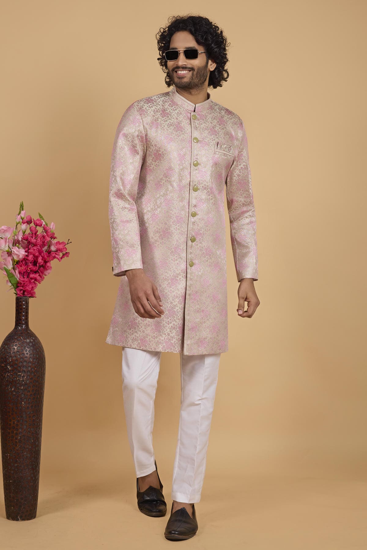 Green Colour Art Silk Pintux Work Semi Indo Western Sherwani