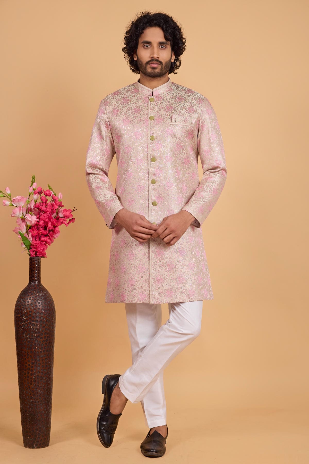 Green Colour Art Silk Pintux Work Semi Indo Western Sherwani