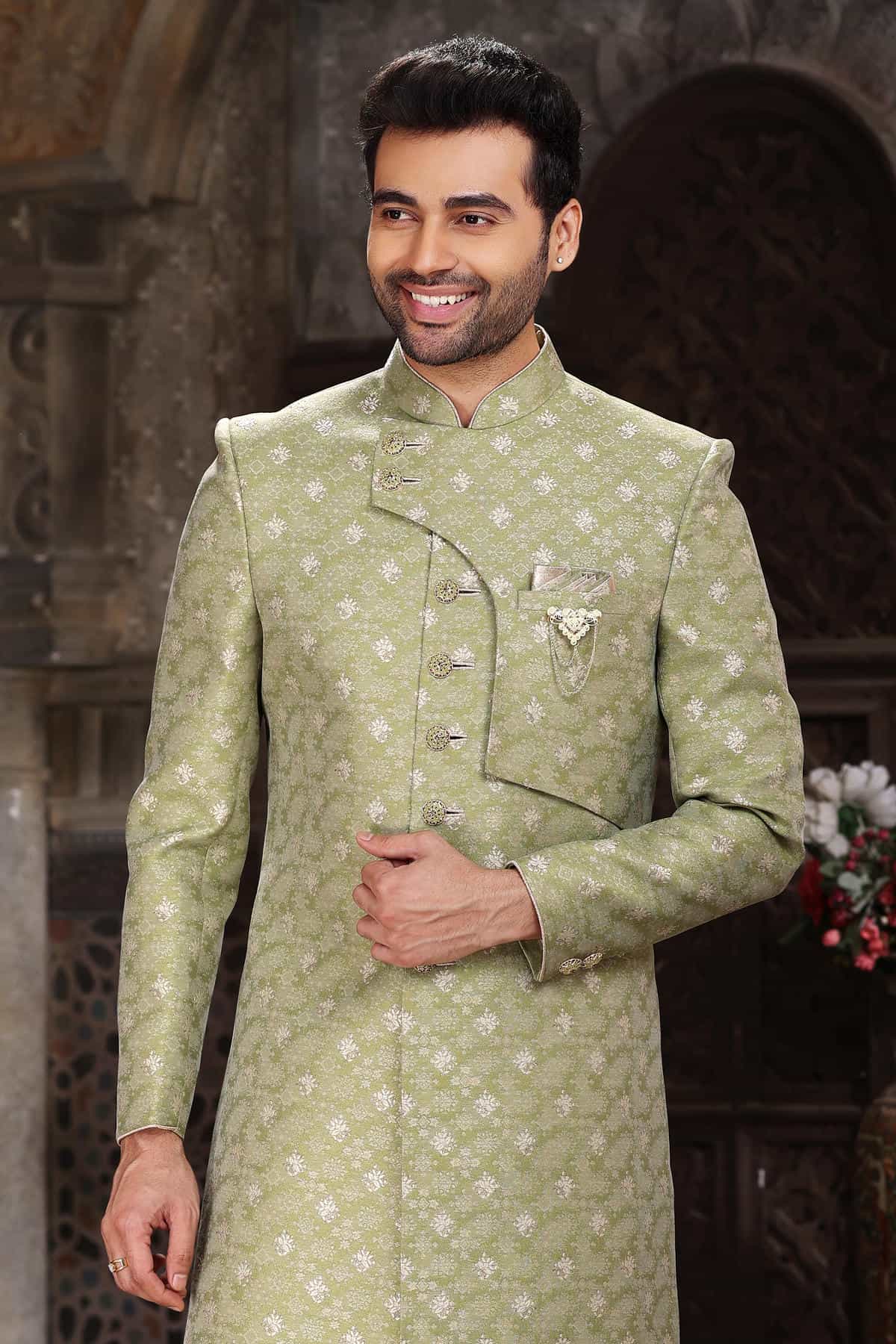 Green Colour Banarasi Jacquard Embroidery Work indo western Sherwani