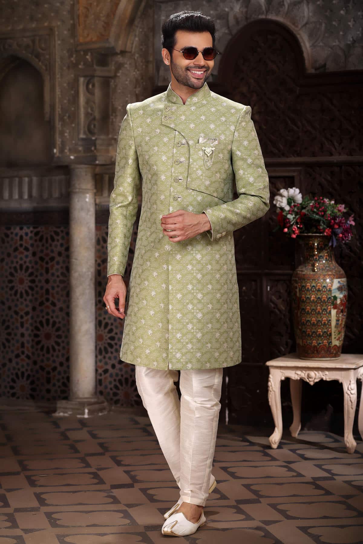 Green Colour Banarasi Jacquard Embroidery Work indo western Sherwani