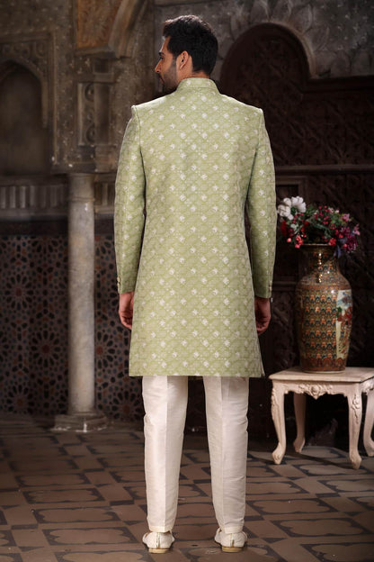 Green Colour Banarasi Jacquard Embroidery Work indo western Sherwani