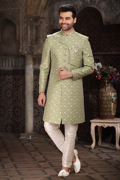 Green Colour Banarasi Jacquard Embroidery Work indo western Sherwani