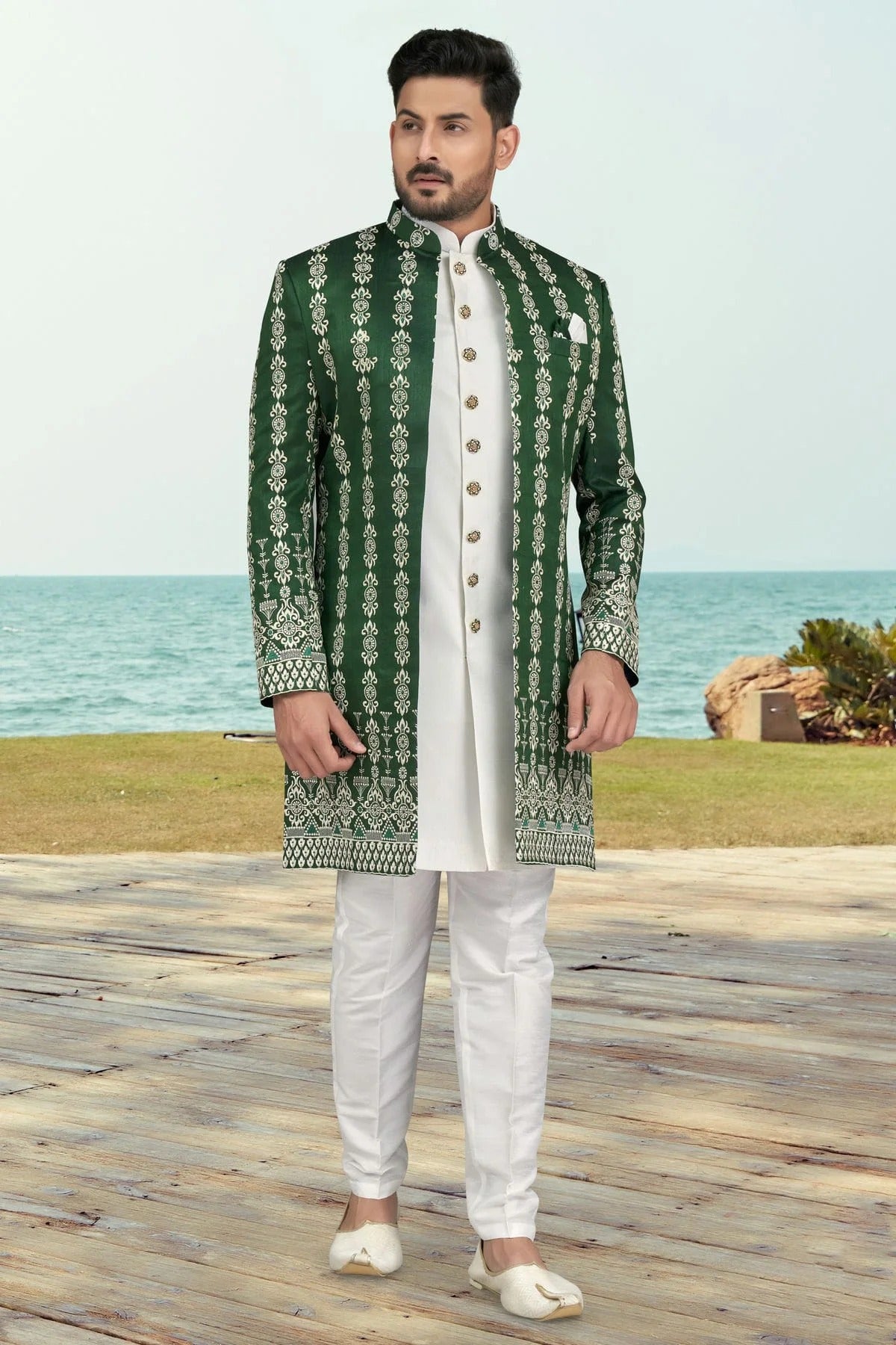 Green Colour Banarasi Silk Sherwani SH1040514
