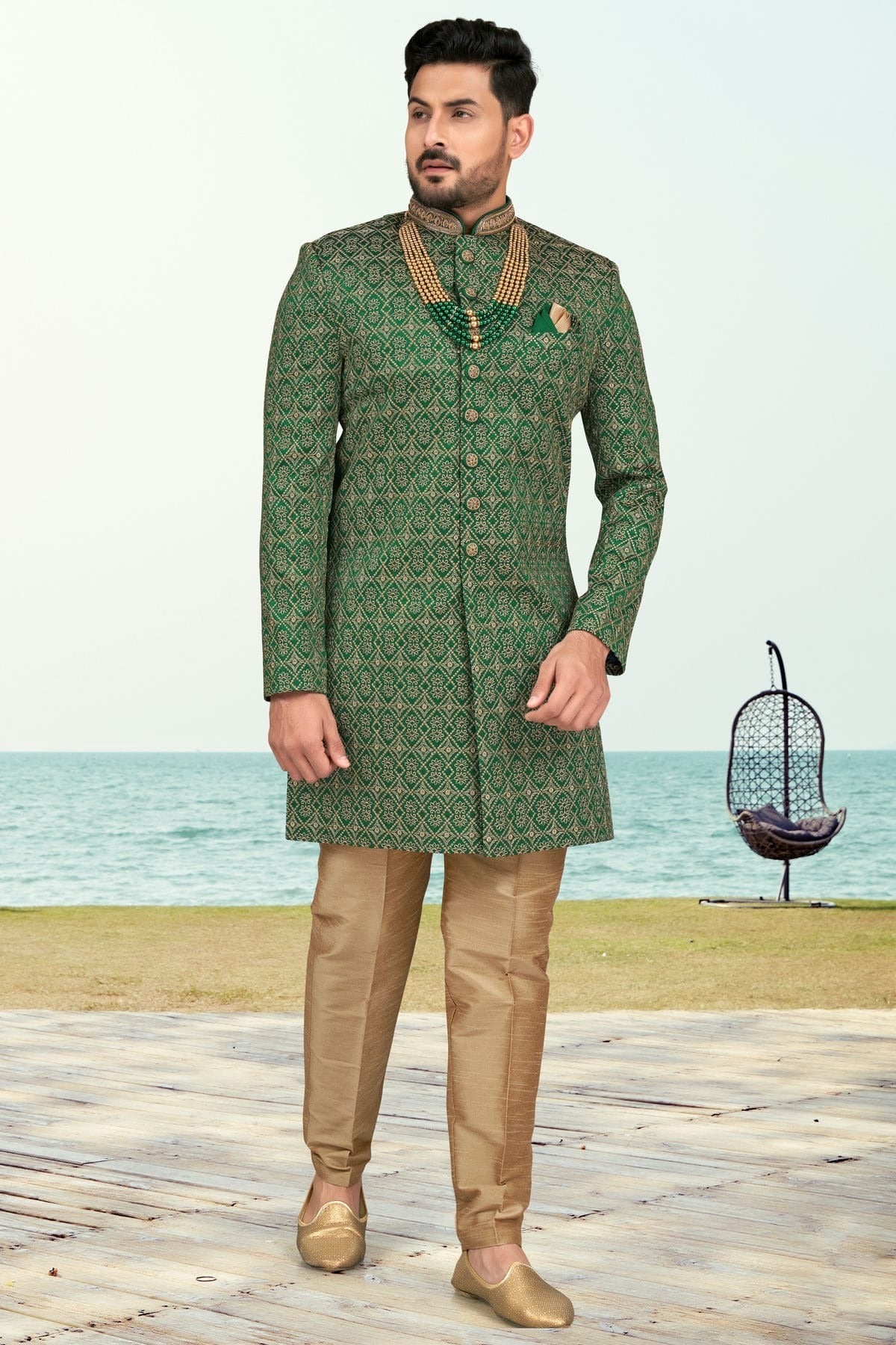 Green Colour Banarasi Silk Sherwani SH1040519