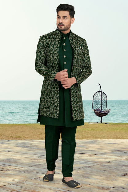 Green Colour Banarasi Silk Sherwani SH1040534