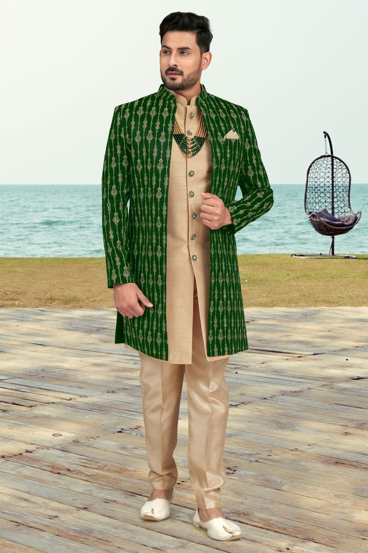 Green Colour Banarasi Silk Sherwani SH1040542