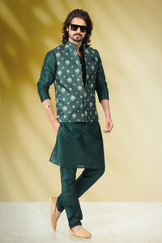 Green Colour Banarasi Silk Woven Work Kurta Pajama With Jacket