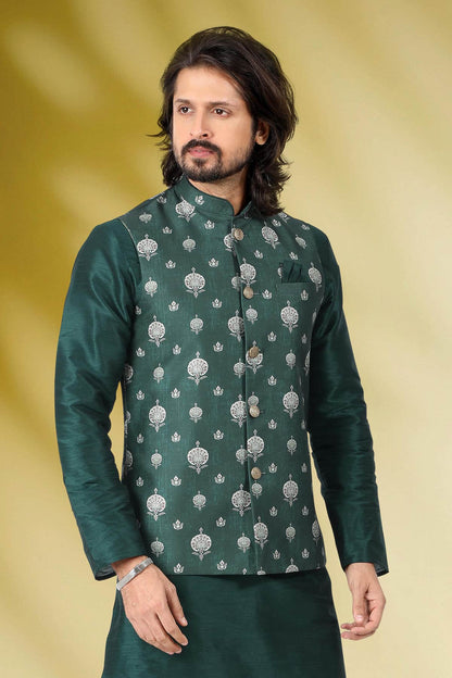 Green Colour Banarasi Silk Woven Work Kurta Pajama With Jacket