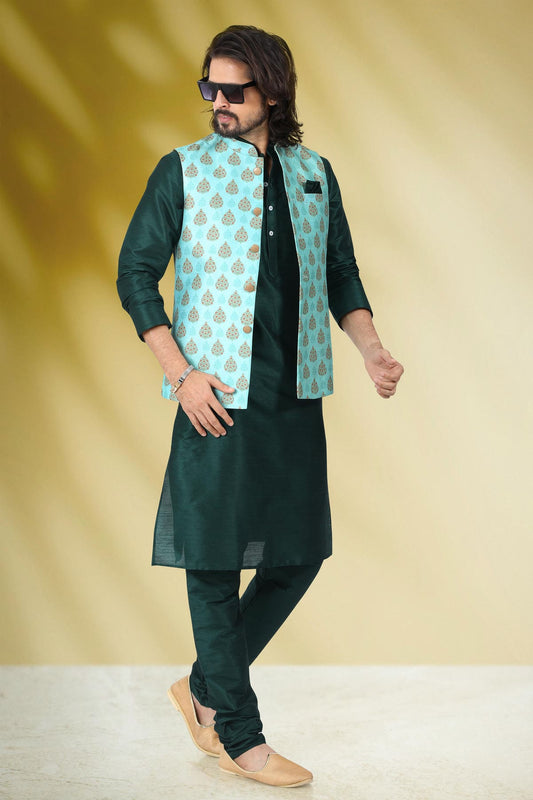 Green Colour Banarasi Silk Woven Work Kurta Pajama With Jacket