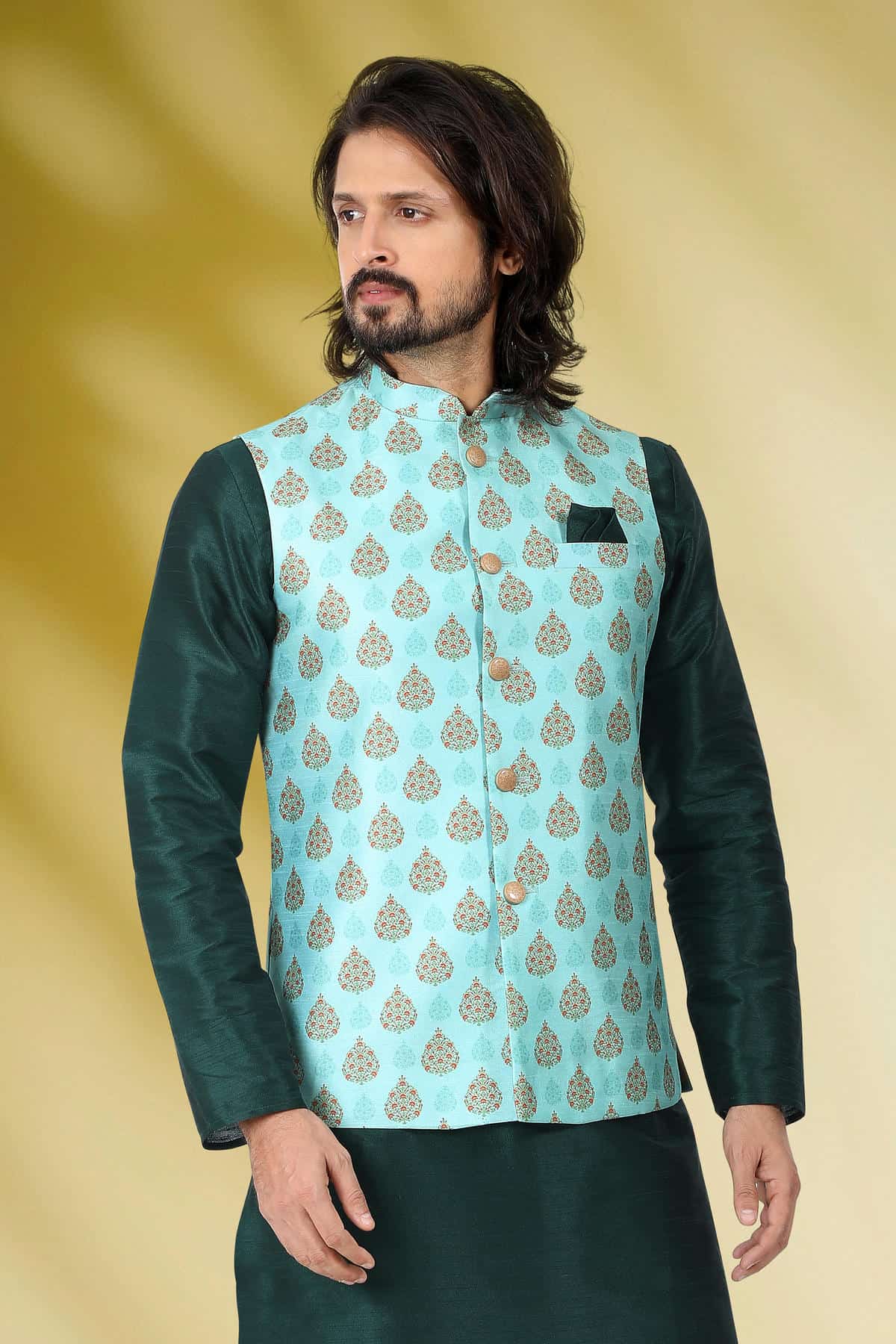 Green Colour Banarasi Silk Woven Work Kurta Pajama With Jacket