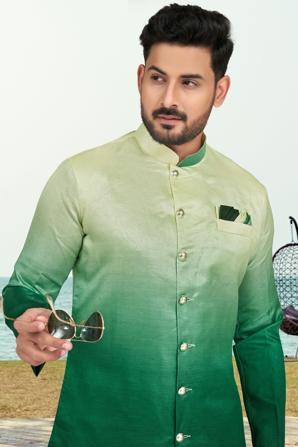 Green Colour Champion Silk Indo Western Sherwani SH1040500 A