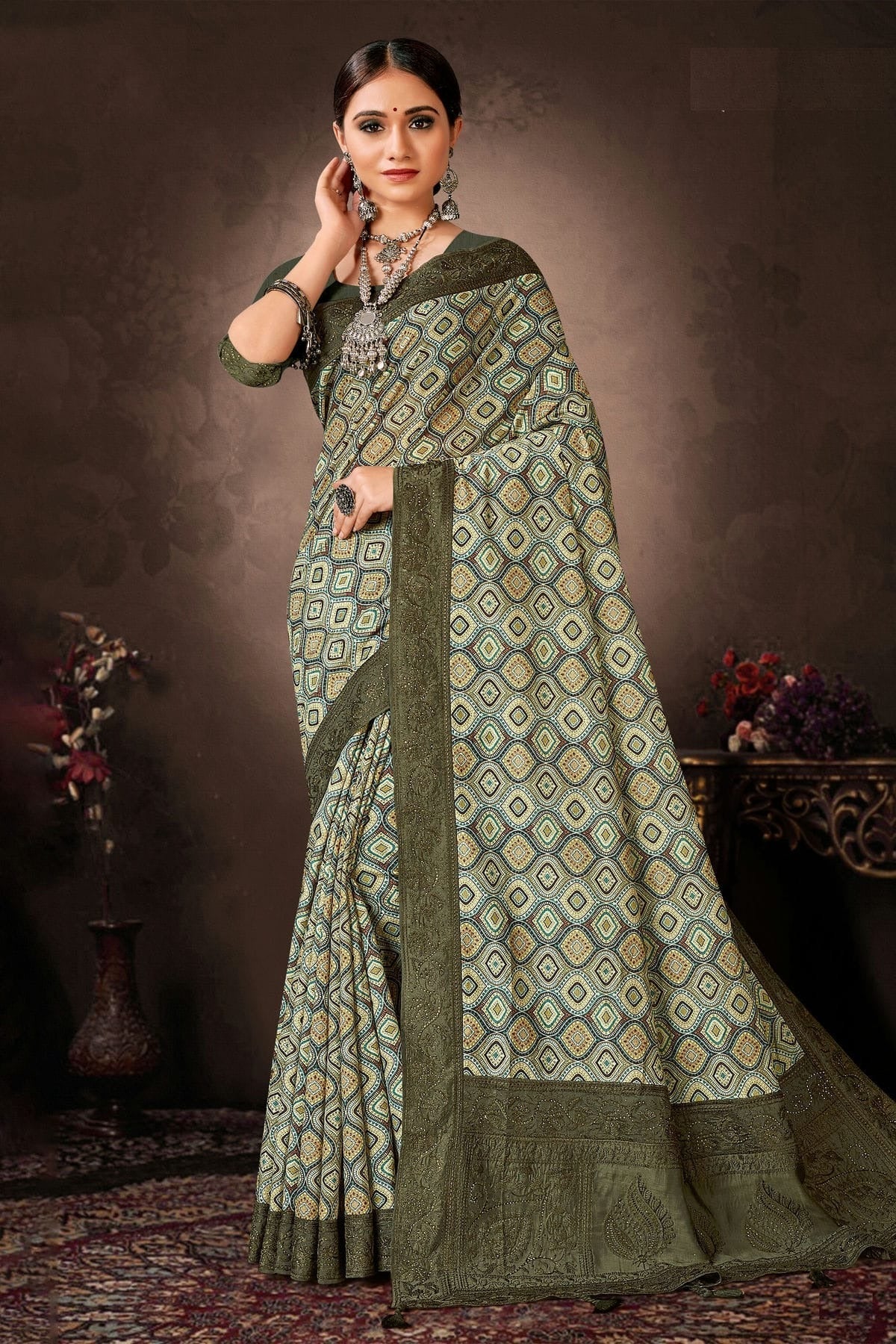 Green Colour Chanderi Silk Printed Saree LC1121633