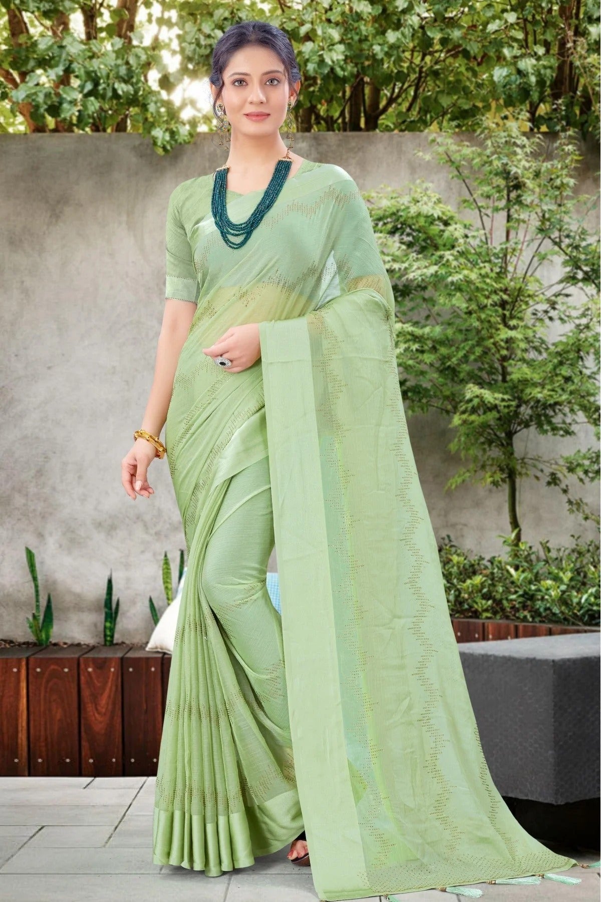 Green Colour Chiffon Satin Swarovski Work Saree SD1120180
