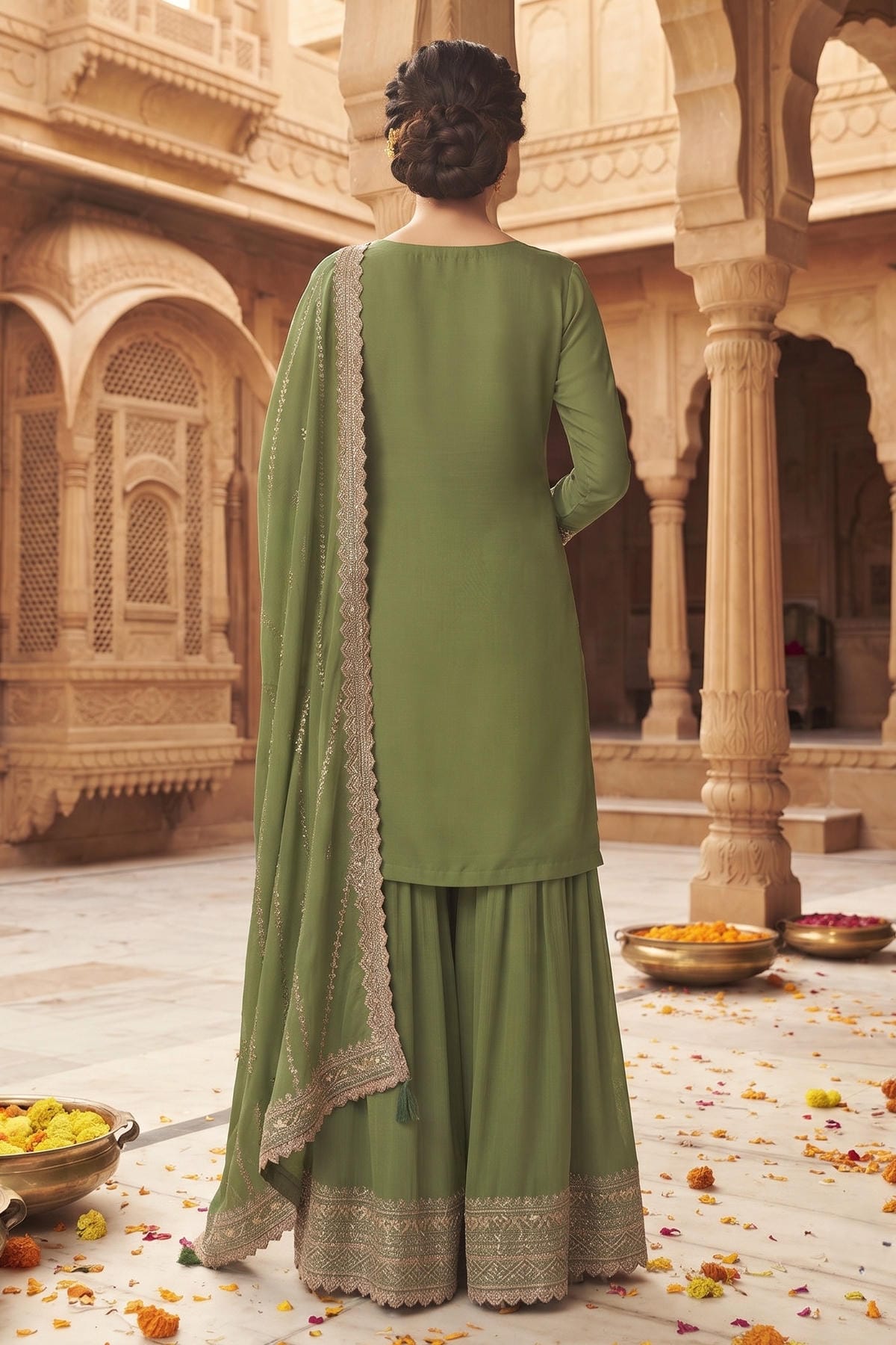Green Colour Chinon Embroidery Work Palazzo Pant Suit
