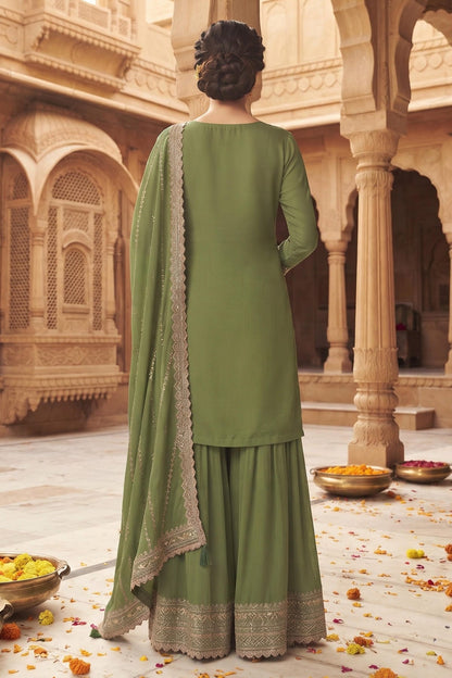 Green Colour Chinon Embroidery Work Palazzo Pant Suit