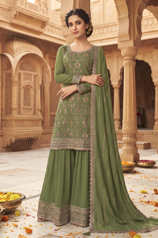 Green Colour Chinon Embroidery Work Palazzo Pant Suit