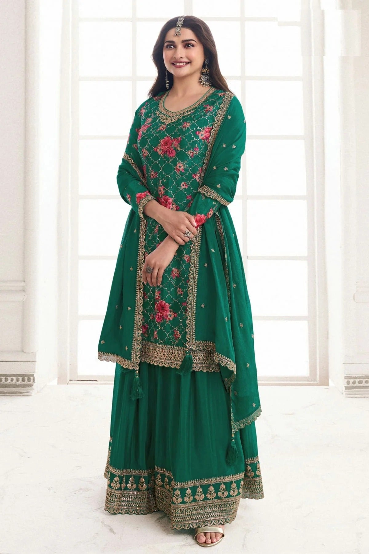 Green Colour Chinon Sharara Suit SM1110676