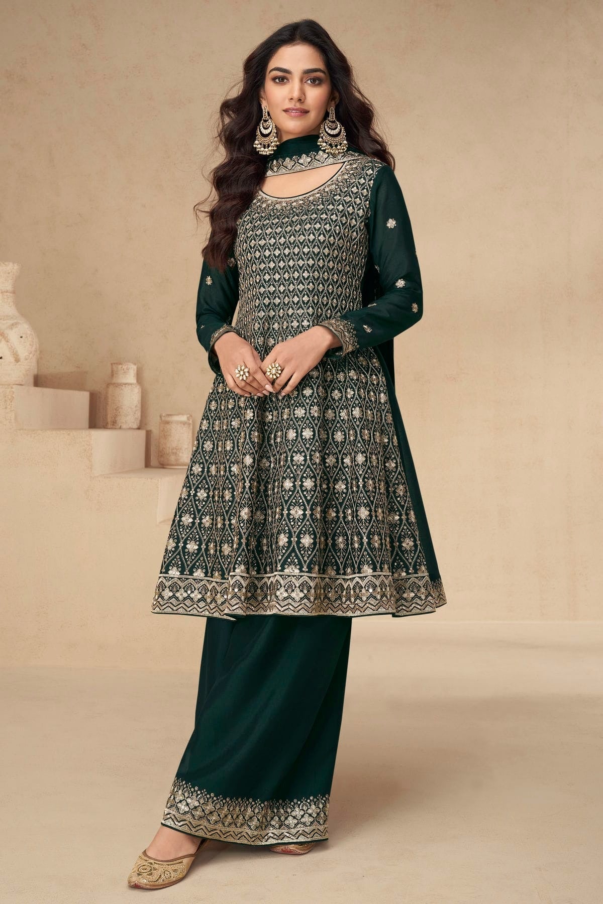 Green Colour Chinon Silk Palazzo Pant Suit SM1140535