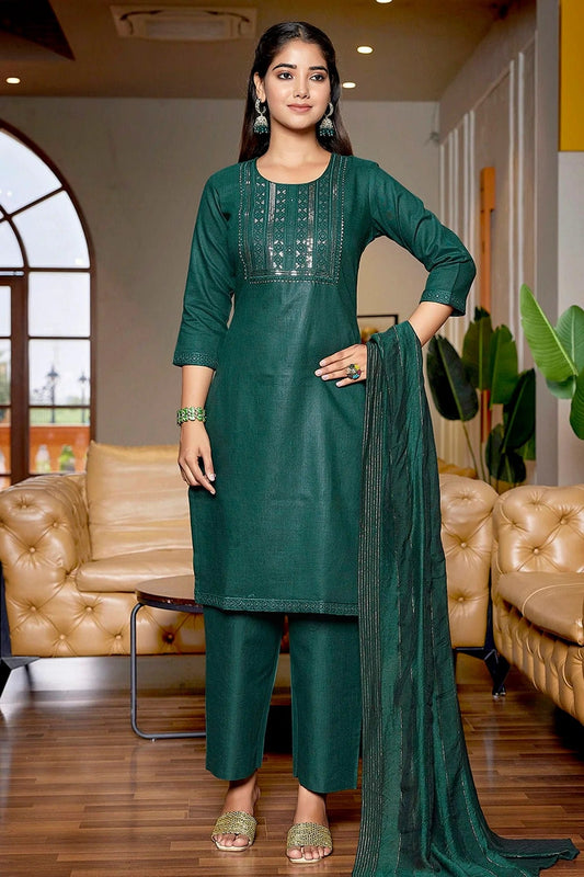 Green Colour Cotton Blend Stitched Suit SS1112281