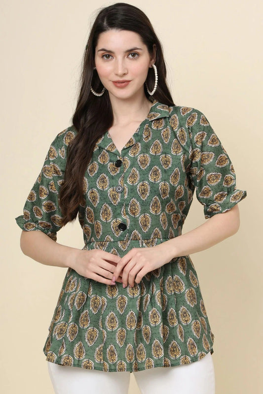 Green Colour Cotton Printed Work Readymade Top TP1110773