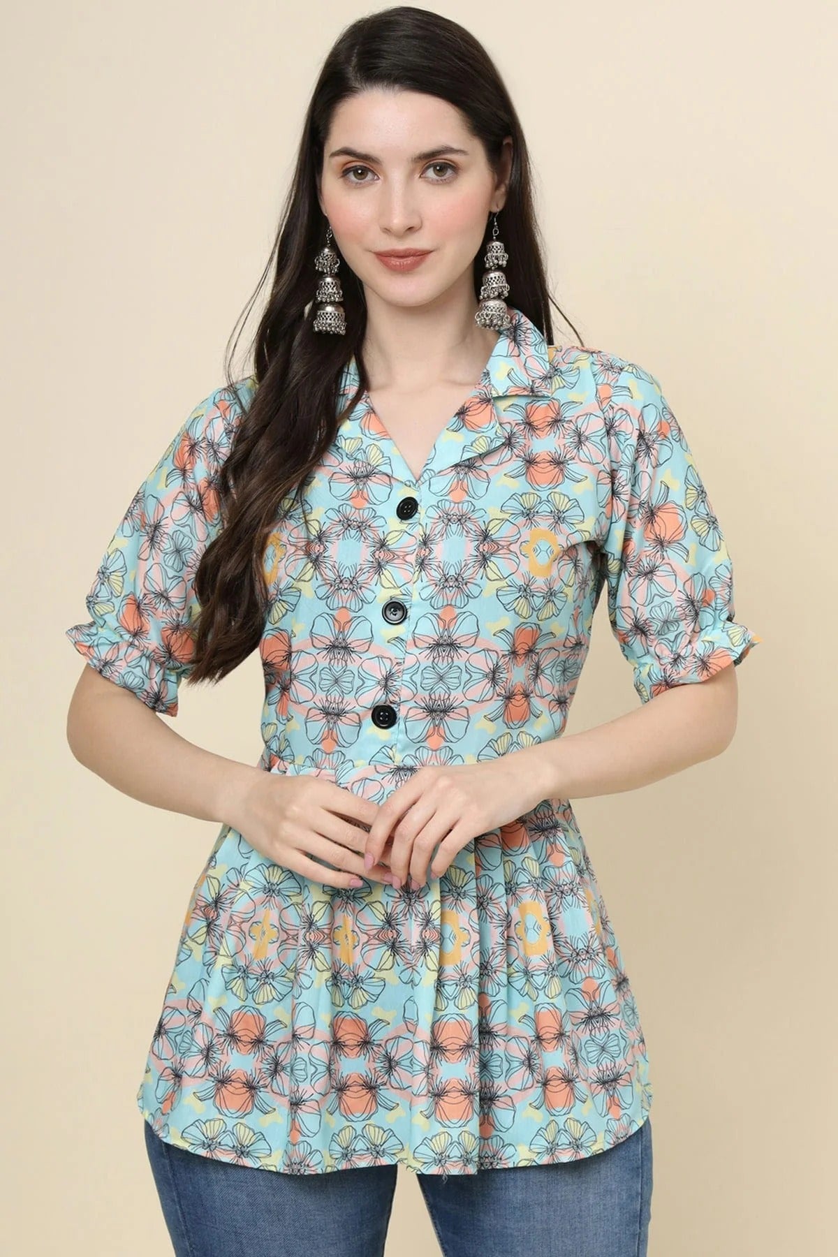 Green Colour Cotton Printed Work Readymade Top TP1110776