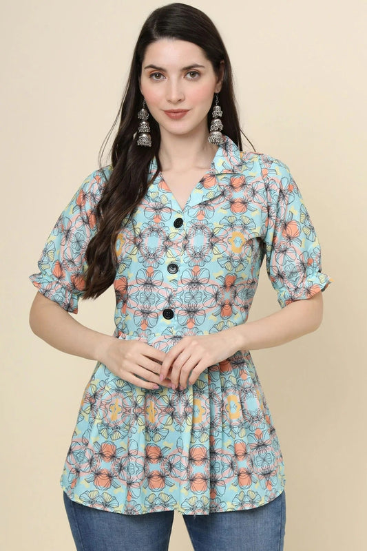 Green Colour Cotton Printed Work Readymade Top TP1110776