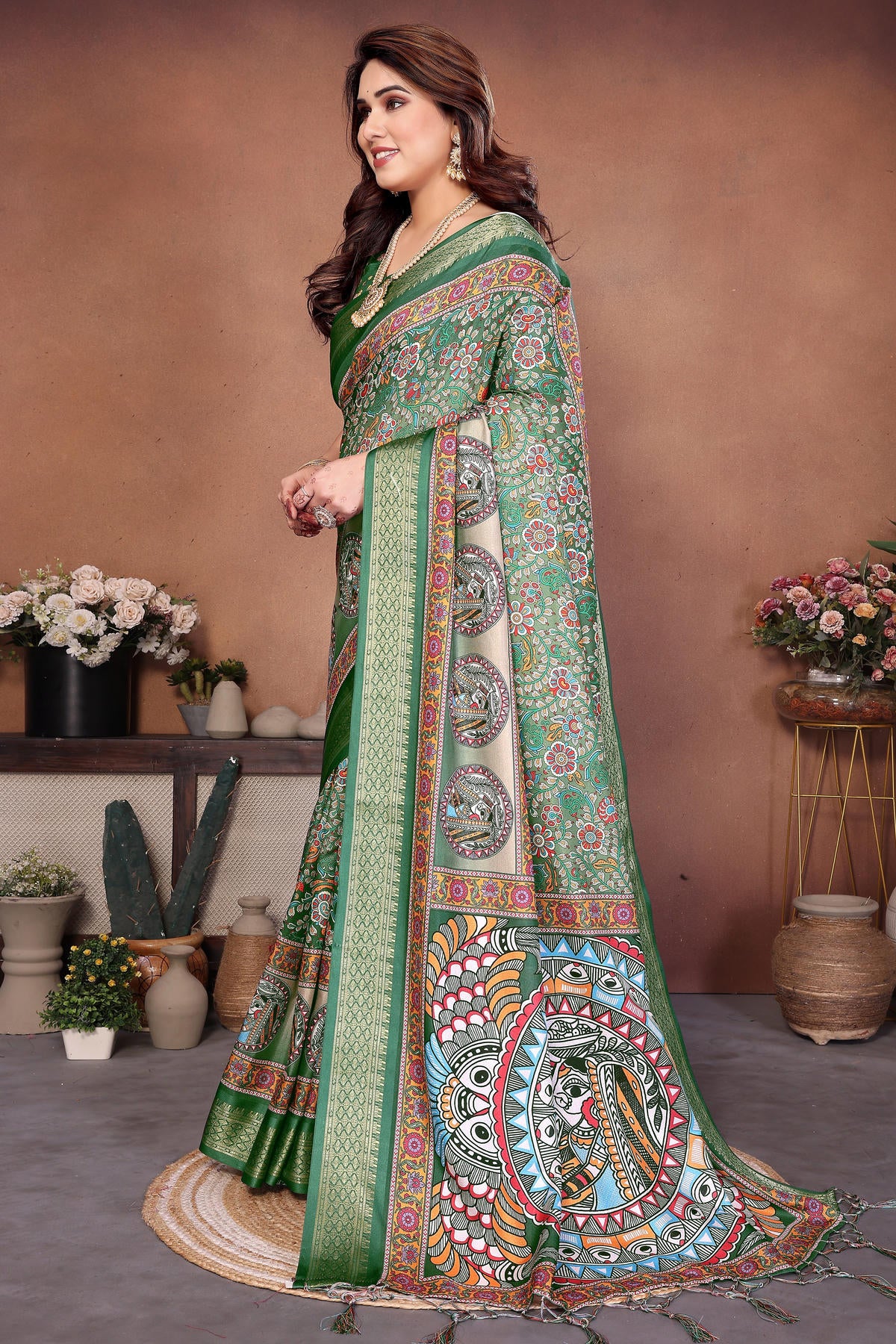 Green Colour Cotton Silk Printed Saree