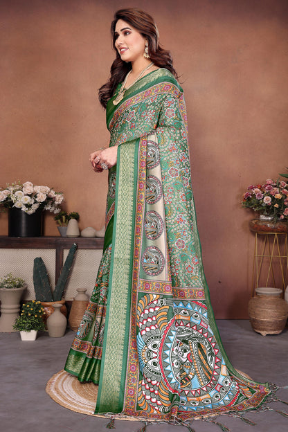 Green Colour Cotton Silk Printed Saree