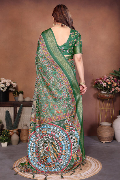 Green Colour Cotton Silk Printed Saree