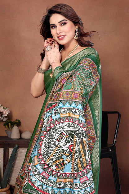 Green Colour Cotton Silk Printed Saree
