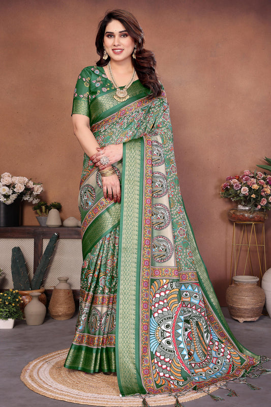 Green Colour Cotton Silk Printed Saree