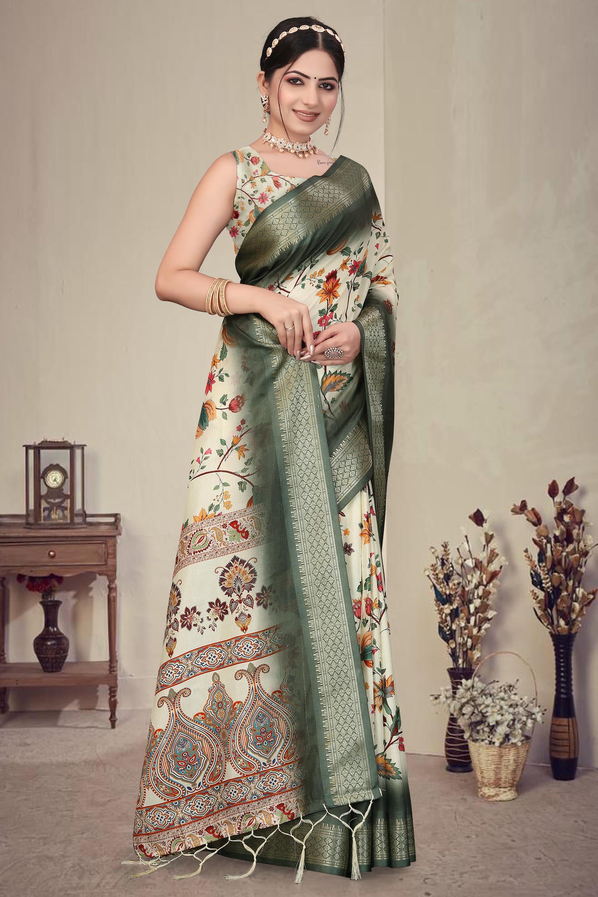 Green Colour Cotton Silk Printed Saree