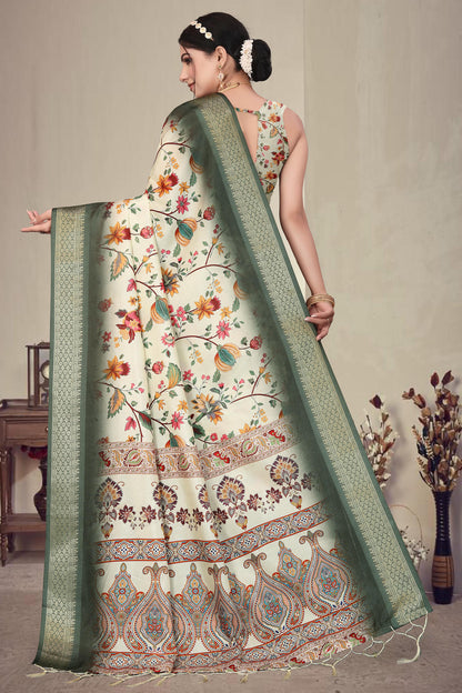 Green Colour Cotton Silk Printed Saree