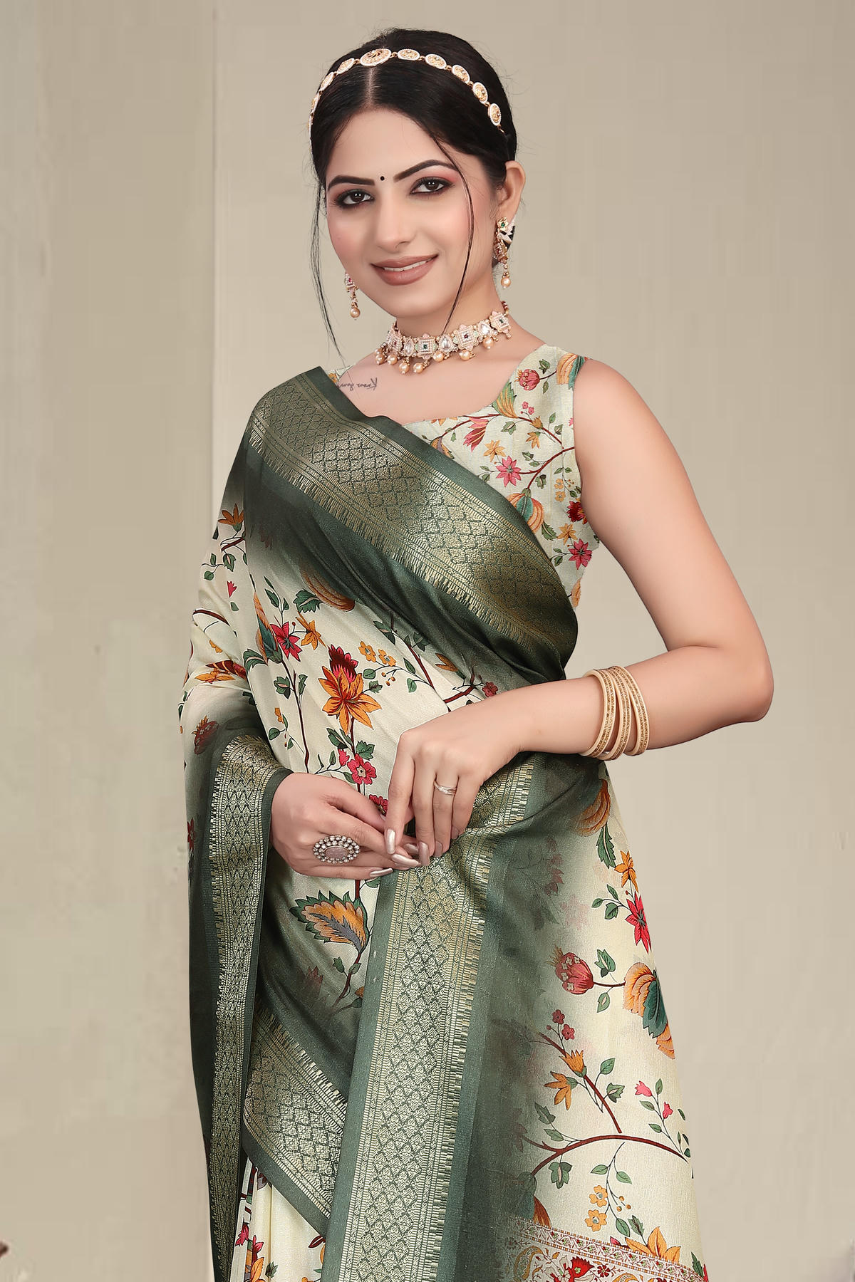 Green Colour Cotton Silk Printed Saree