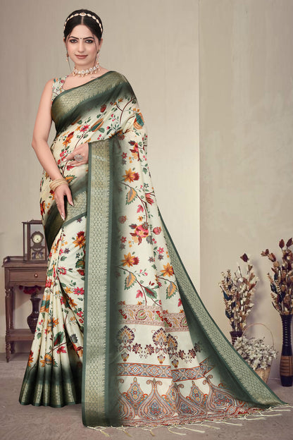 Green Colour Cotton Silk Printed Saree
