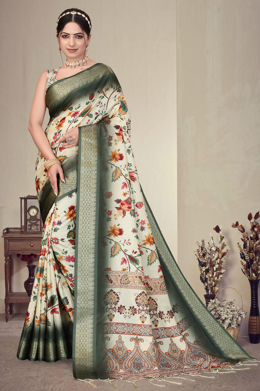 Green Colour Cotton Silk Printed Saree