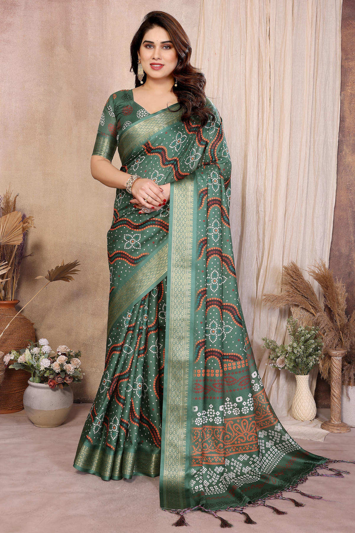 Green Colour Cotton Silk Printed Saree