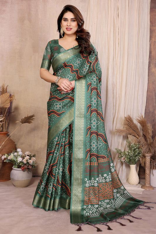 Green Colour Cotton Silk Printed Saree