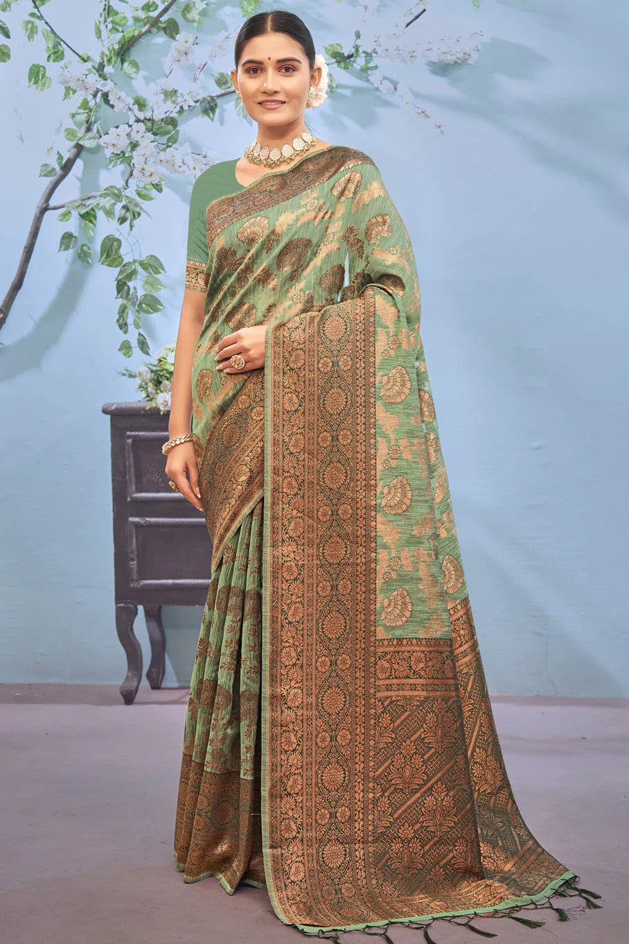 Green Colour Cotton Traditional Saree In Woven Work SD1100963