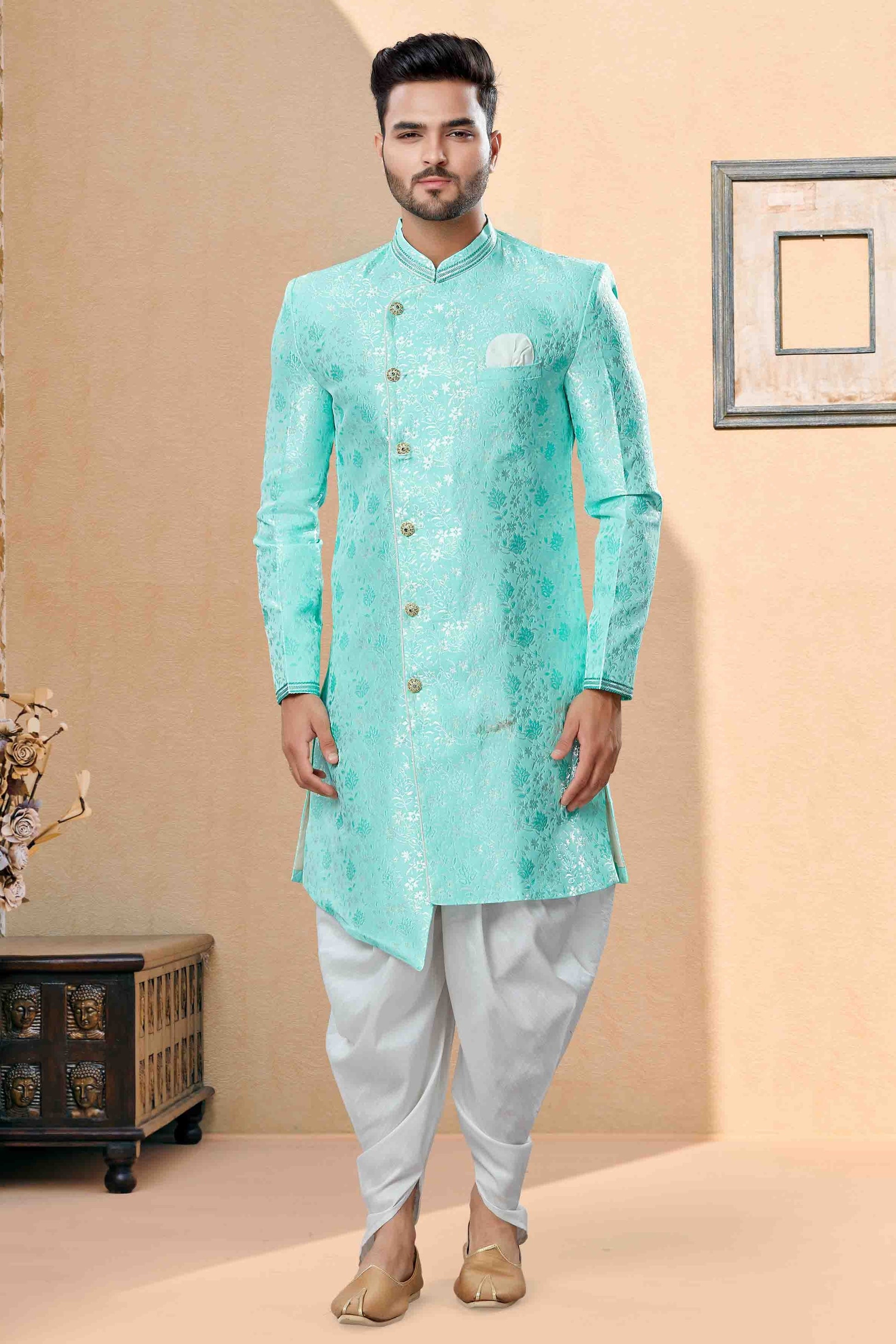 Green Colour Dhoti Sherwani In Banarasi Jacquard Fabric SH1040387