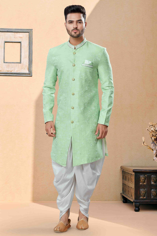 Green Colour Dhoti Sherwani In Banarasi Jacquard Fabric SH1040394