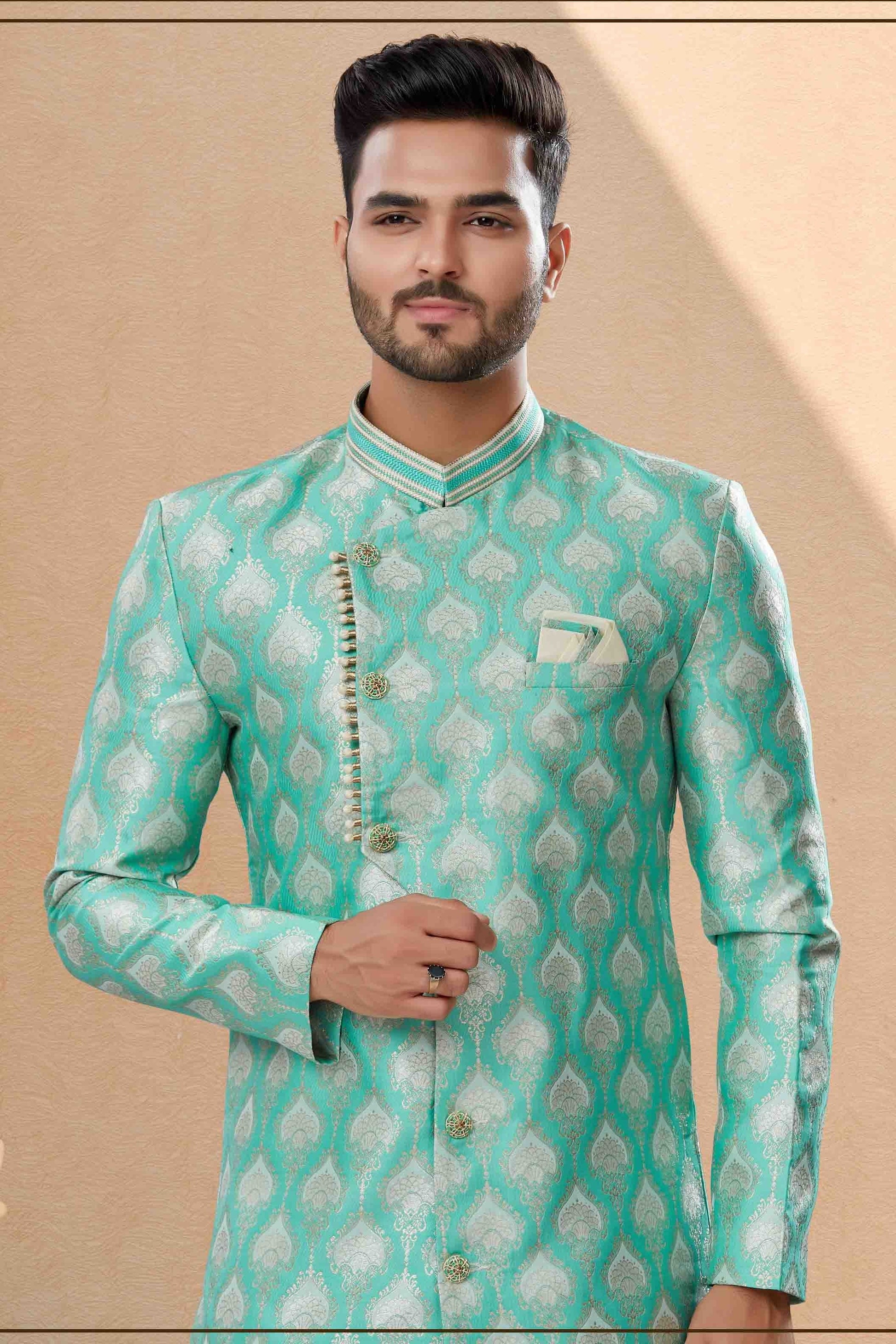 Green Colour Dhoti Sherwani In Banarasi Jacquard Fabric SH1040401 A