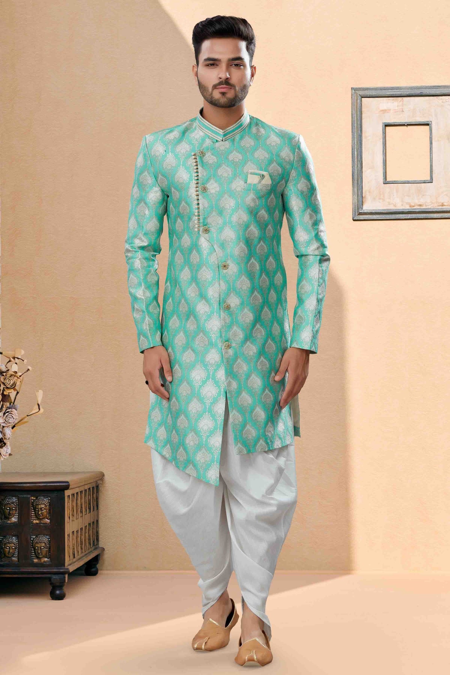 Green Colour Dhoti Sherwani In Banarasi Jacquard Fabric SH1040401