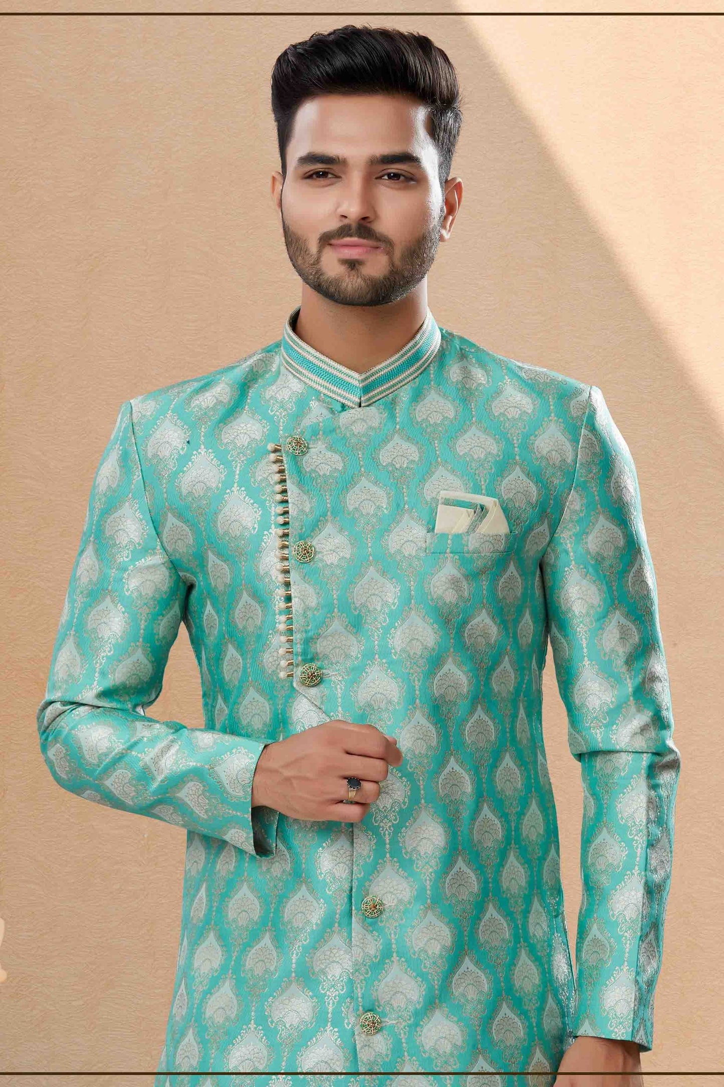 Green Colour Dhoti Sherwani In Banarasi Jacquard Fabric SH1040431 A