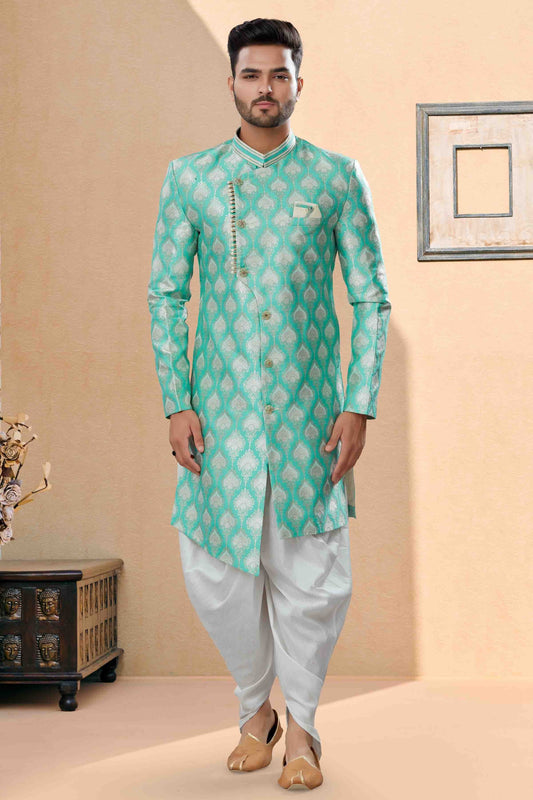 Green Colour Dhoti Sherwani In Banarasi Jacquard Fabric SH1040431