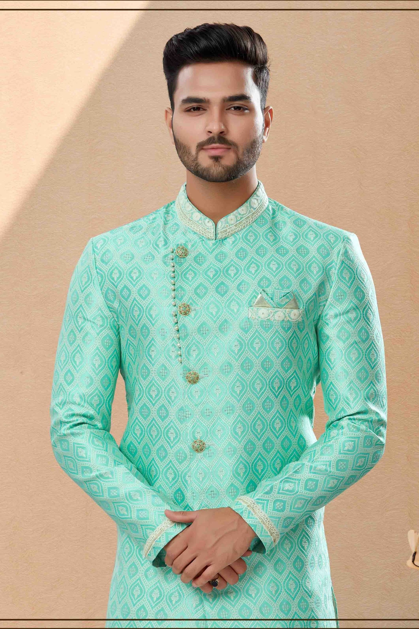 Green Colour Dhoti Sherwani In Banarasi Jacquard Fabric SH1040434 A