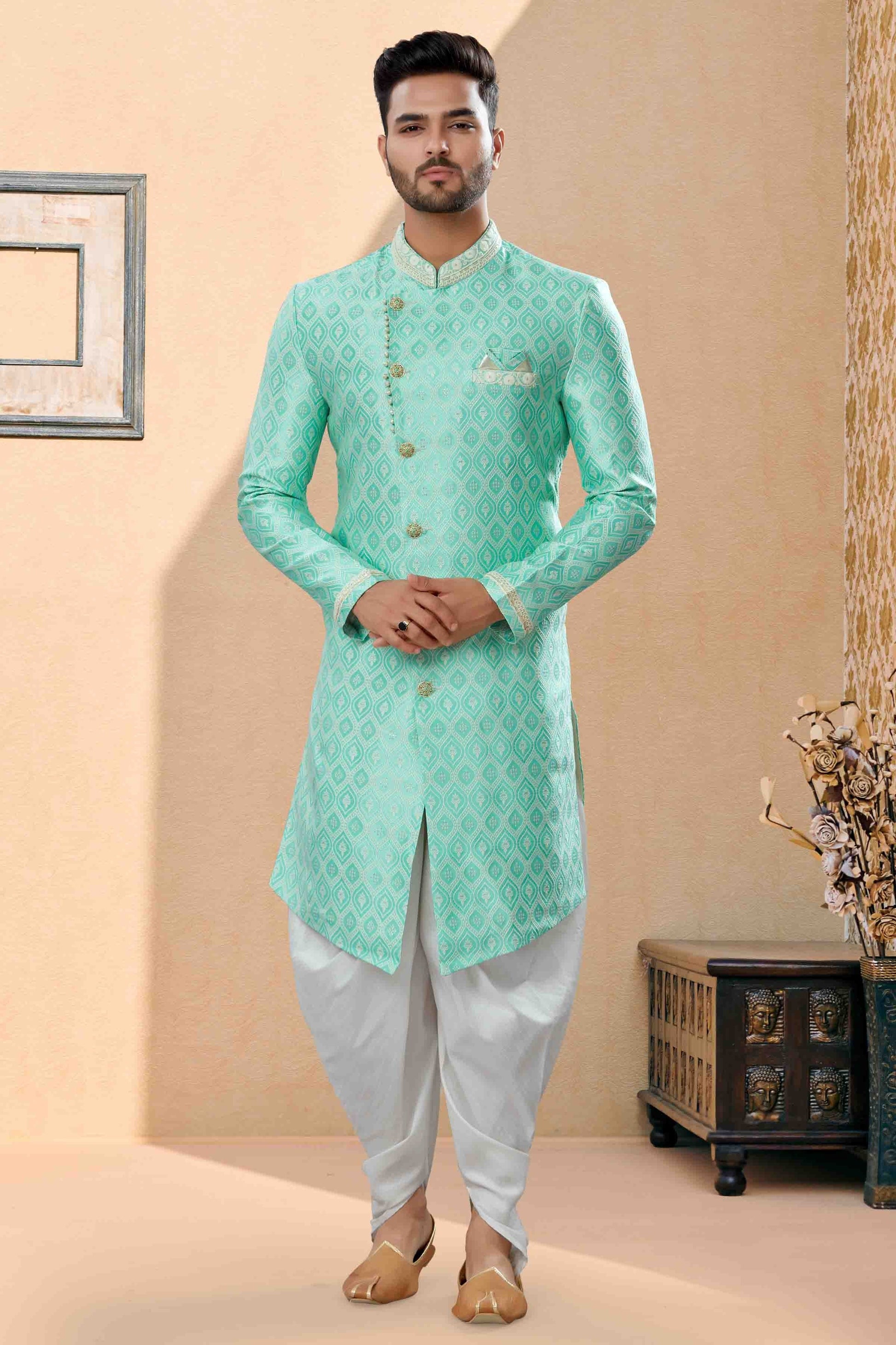 Green Colour Dhoti Sherwani In Banarasi Jacquard Fabric SH1040434