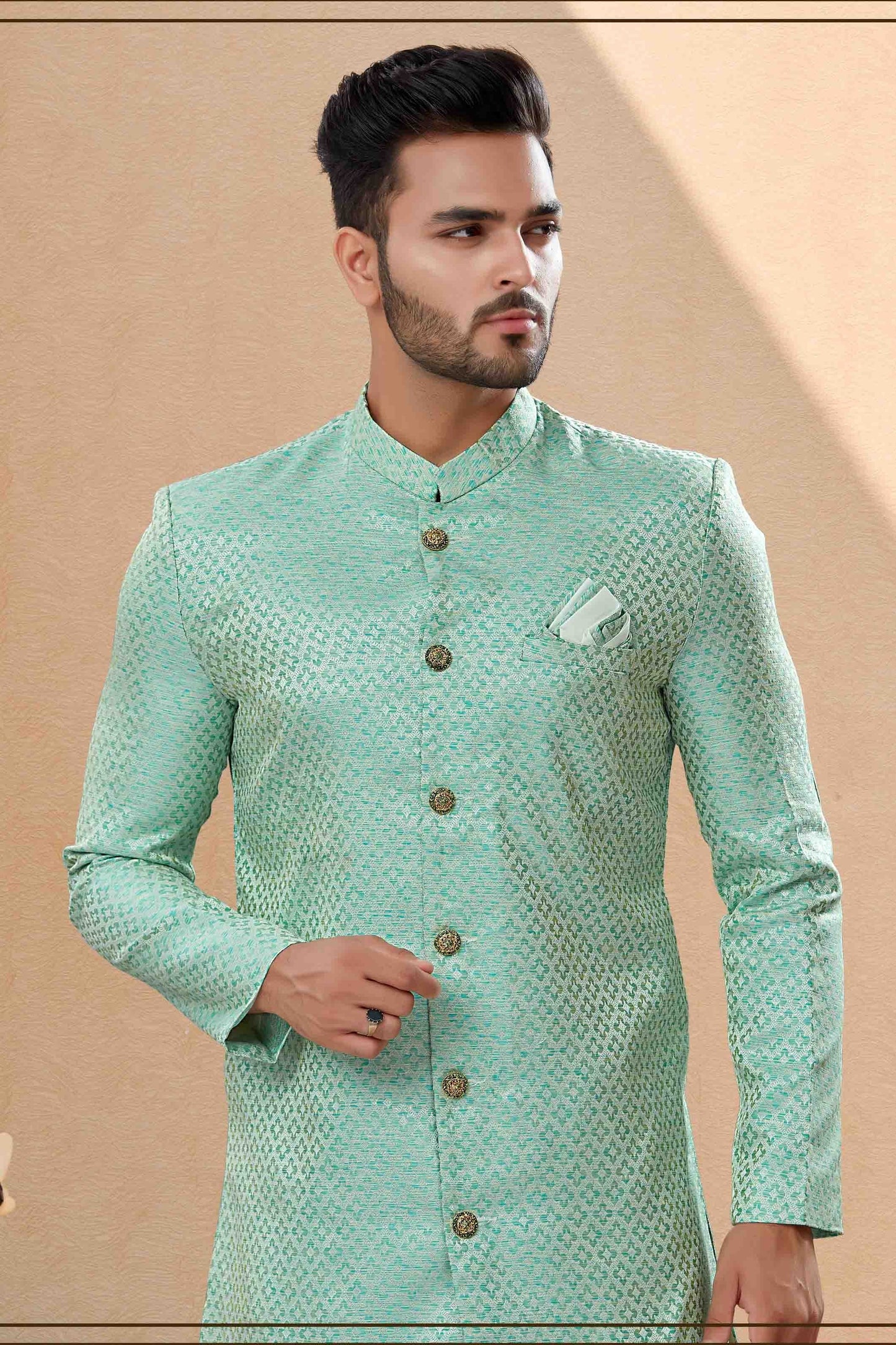 Green Colour Dhoti Sherwani In Banarasi Jacquard Fabric SH1040435 A