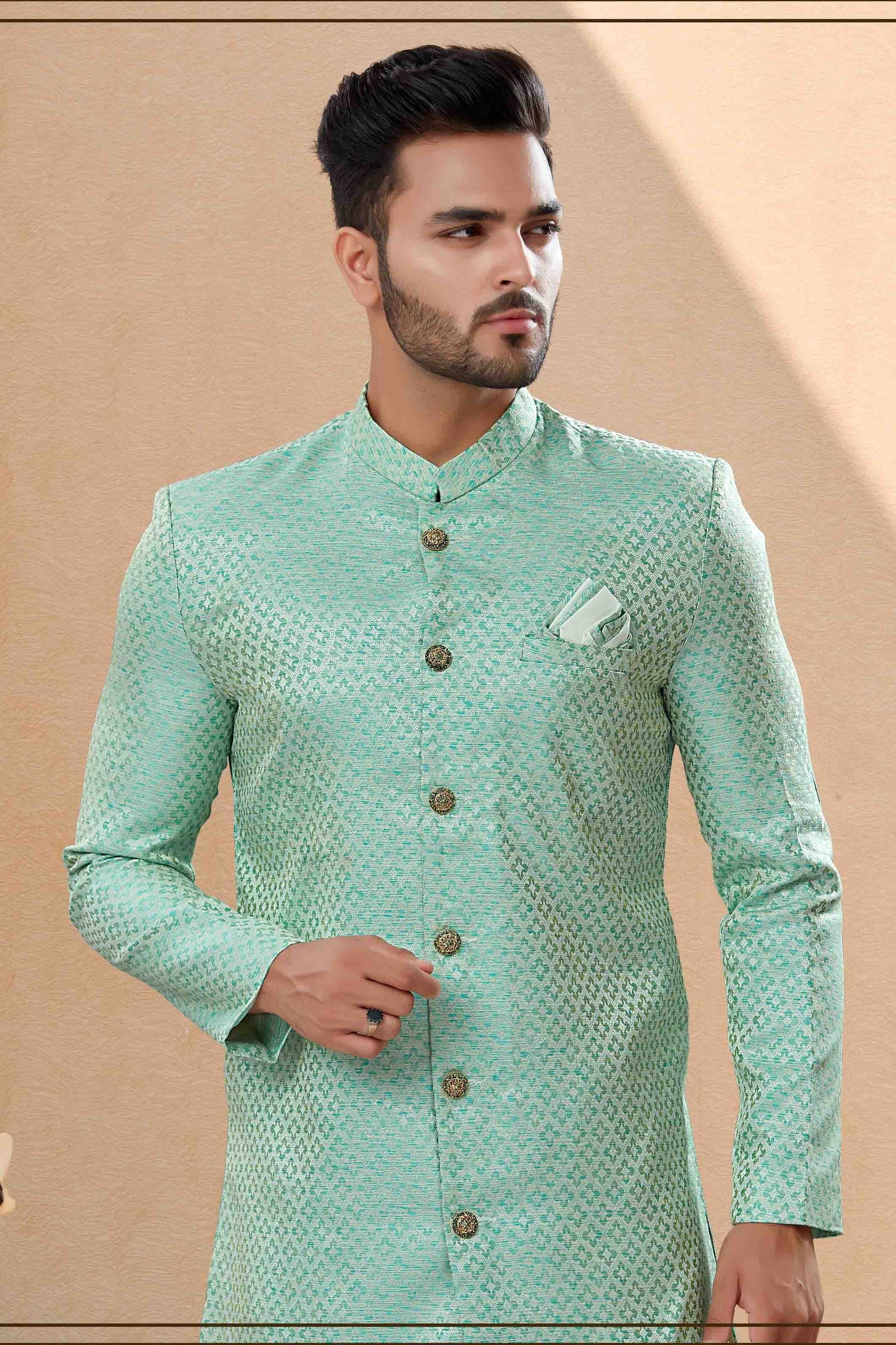 Green Colour Dhoti Sherwani In Banarasi Jacquard Fabric SH1040435 A